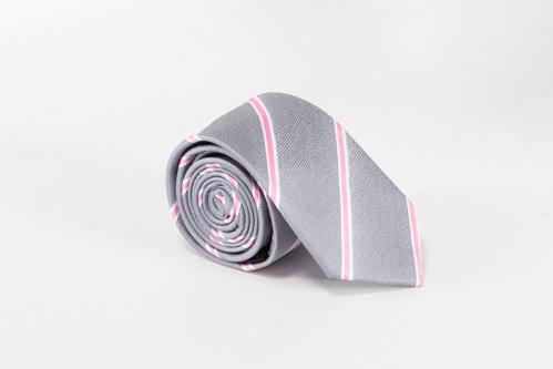 Ties - Microfiber Washable Tie Grey Twill W/ Pink & White Stripes